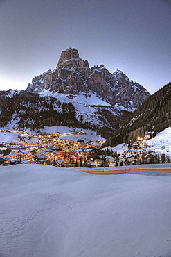 View over Corvara to mount Sassongher, Alta Badia, Dolomites, Trentino-Alto Adige/Suedtirol, Italy