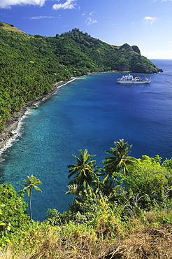 The freighter Aranui III anchoring in the Bay of Hapatoni off the island of Tahuata, French Polynesia