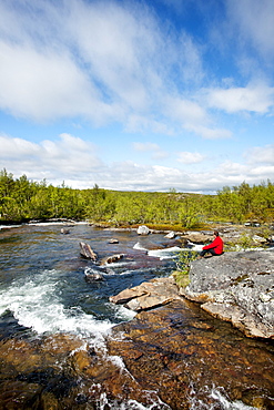 Hiker at Lakktajakko river, Lapland, northern Sweden, Sweden