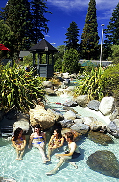 People bathing in the hot springs of Hanmer Springs, South Island, New Zealand