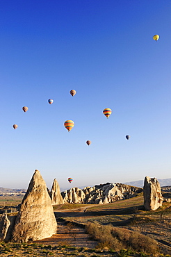 Hot-air-balloons over the Goereme valley, Goereme, Cappadocia, Turkey