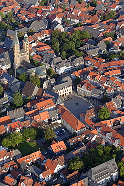 Aerial photo of the Church of St Cosmas and Damian, town hall and market square in the historic town of Goslar, Harz region, Lower Saxony, Germany