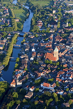 Aerial of the town of Rheine on the river Ems, bridges, St Dionysius church, North Rhine-Westphalia Germany