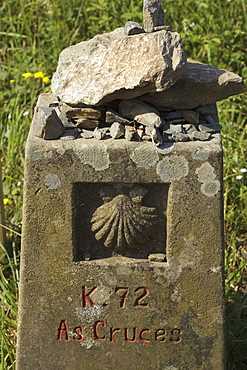 Landmark with scallop symbol, Province of Lugo, Galicia, Northern Spain, Spain, Europe