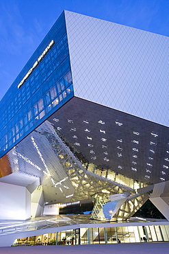 Porsche Museum in Stuttgart-Zuffenhausen in the evening, designed by the architects Delugan Meissl Associated Architects in cooperation with HG Merz, Stuttgart, Baden-Wuerttemberg, Germany, Europe