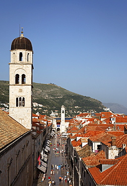 View along Stradun to town hall and clock tower, Old Town, Dubrovnik, Dubrovnik-Neretva county, Dolmatia, Croatia