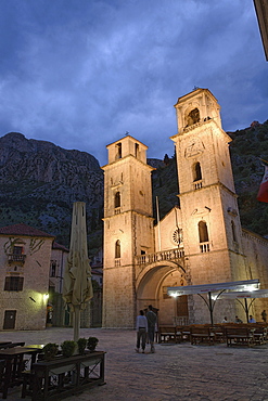 The illuminated St Tryphon cathedral in the evening, Kotor, Montenegro, Europe