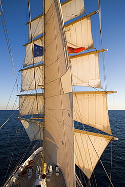 Royal Clipper full sail seen from platform of crow's nest, Aboard Sailing Cruiseship Royal Clipper (Star Clippers Cruises), Adriatic Sea, near Kotor, Montenegro