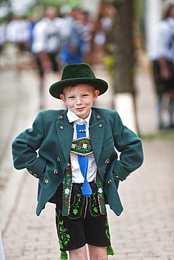 Boy in traditional bavarian clothes, Maypole celebration, Sindelsdorf, Weilheim-Schongau, Bavarian Oberland, Upper Bavaria, Bavaria, Germany