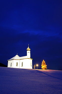 Illuminated chapel with Christmas tree, lake Achensee, Tyrol, Austria, Europe