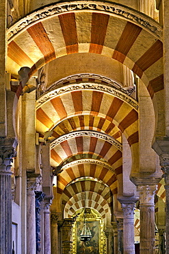 Moorish columns and arches inside the Mezquita, Cordoba, Spain