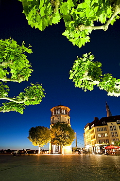 Illuminated Schlossturm in the evening, Old town, Duesseldorf, Duesseldorf, North Rhine-Westphalia, Germany, Europe