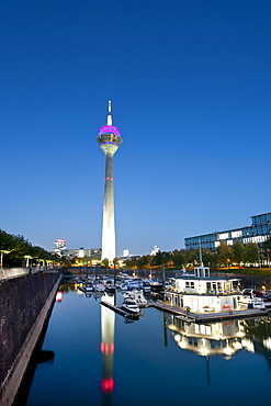 Television tower and Media Harbour at night, Duesseldorf, Duesseldorf, North Rhine-Westphalia, Germany, Europe