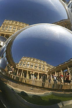 Palais Royal reflected in steel balls, Council of State, Directorate of Fine Arts, courtyard columns by Daniel Buren, 1e Arrondissement, Paris, France