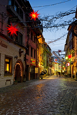 Lane Konviktgasse with Christmas decoration, old town, Freiburg im Breisgau, Baden-Wurttemberg, Germany