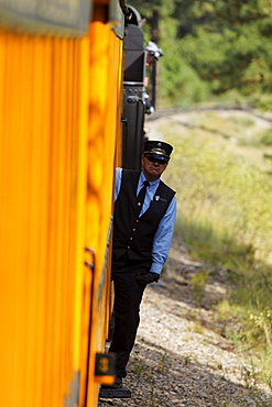 Peaked cap, Durango-Silverton Narrow Gauge Railroad, La Plata County, Colorado, USA, North America, America