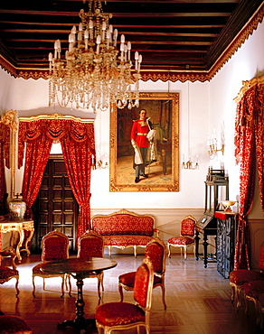 Red private salon functions as museum, Hotel Palacio de la Rambla, â„beda, Andalusia, Spain