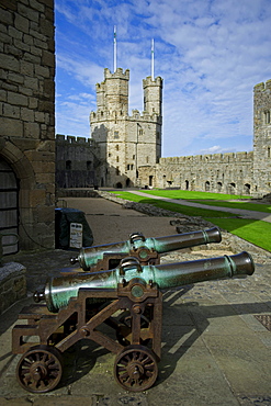 Cannons in the courtyard of Caernarfon Castle, Caernarfon, Wales, UK