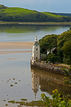 The village of Portmeirion with bell tower, founded by Welsh architekt Sir Clough Williams-Ellis in 1926, Wales, UK