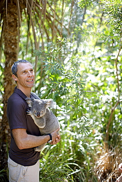 Tourist holding a koala at Bungalow Bay Koala Village, Horseshoe Bay, northcoast of Magnetic island, Great Barrier Reef Marine Park, UNESCO World Heritage Site, Queensland, Australia