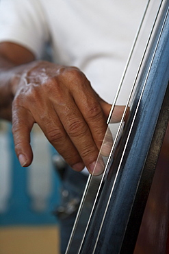 Hand strums on a contrabass, Vinales, Pinar del Rio, Cuba, Caribbean