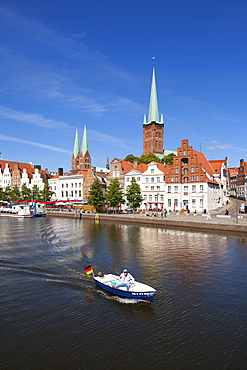 View over the Trave river to the old town of Luebeck, with St MaryÂ¥s church and church of St Petri, Hanseatic city of Luebeck, Baltic Sea, Schleswig-Holstein, Germany