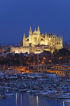 View of harbour, cathedral La Seu and palace Palau de l'Almudaina, Palma de Mallorca, Mallorca, Balearic Islands, Spain, Europe