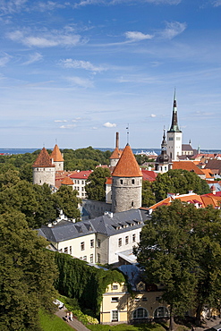 Overhead of city with churches and towers seen from Toompea hill, Tallinn, Harjumaa, Estonia