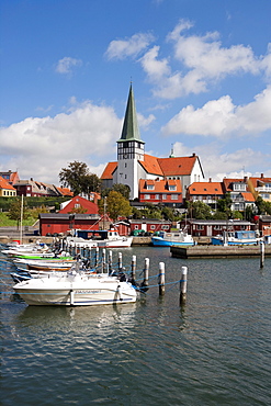 Fishing boats and church, Ronne, Bornholm, Hovedstaden, Denmark