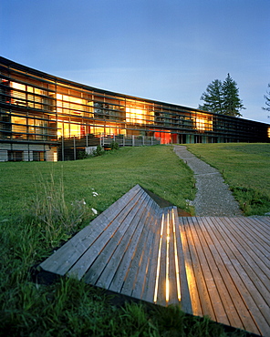 Exterior view of a hotel in the evening, Vigilius Mountain Resort, Vigiljoch, Lana, Trentino-Alto Adige/Suedtirol, Italy