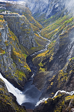 Voringfossen water fall and bjoreia river, flowing into Voringfossen, Mabodalen, Hordaland, Norway