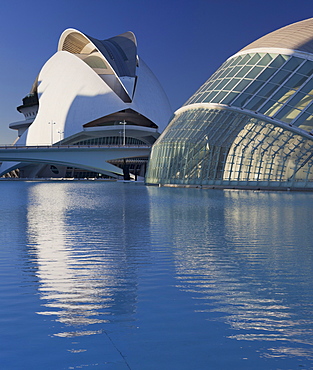 L'Hemisferic and Palau de les Arts Reina Sofia in the sunlight, Ciudad de las Artes y de las Ciencias, Valencia, Spain, Europe