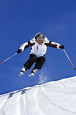 Skier going downhill, South Tyrol, Italy, Europe