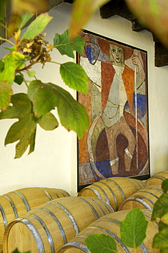 Wine barrels at the winery Ansitz Loewengang, Margreid an der Weinstrasse, South Tyrol, Italy, Europe