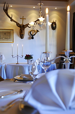 Candlelit deserted restaurant, St. Kassian, Alto Adige, South Tyrol, Italy, Europe