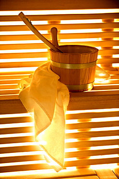 Towel and tub in a sauna, Alto Adige, South Tyrol, Italy, Europe