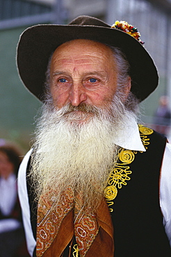 Man with beard wearing traditional costume, Wine festival, Lugano, Ticino, Switzerland, Europe