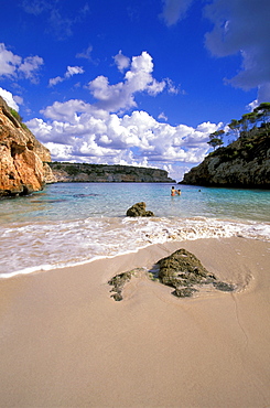 Coastal landscape and sandy beach, Cala s'Amonia, Majorca, Spain