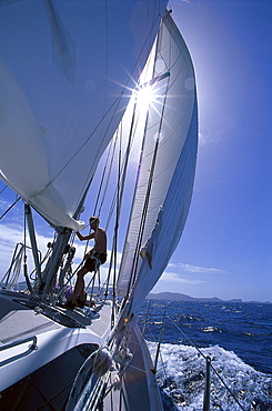 Man on a sailing boat in the sunlight, St. Vincent and The Grenadines, Caribbean, America