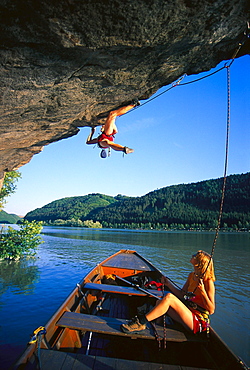 Freeclimbing, Extreme climbing near Aschbach, Danube, Upper Austria, Austria