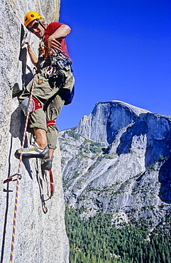 Man rock climbing, Techno climbing at South West Face, Big Wall Climbing, Washington Column, Yosemite Valley, California, USA