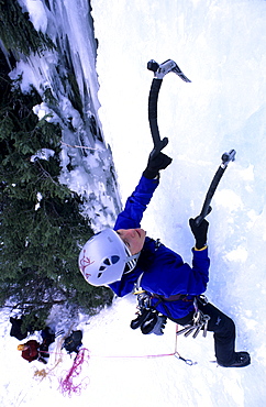 Kirsten Buchmann ice climbing, Carlsberg waterfall, Banff National park, Alberta, Canada