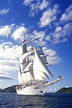 Star Clipper sailing boat sailing past St. Kitts, Caribbean