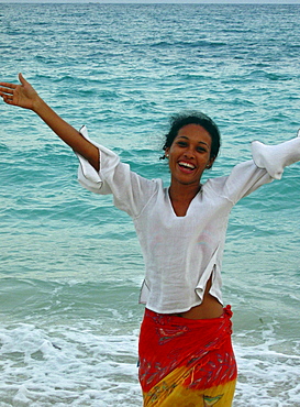 Cheerful young woman on the beach, Carribbean Beach, Colombia, South America