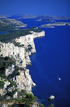 View of cliffs at Telascica Bay Nature Park, Kornati National Park, Zader Archipelago, Croatia, Europe