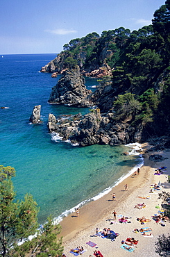 Sandy beach and bay along the coast, Platja del Golfet, Calella de Palafrugell, Costa Brava, Catalonia, Spain