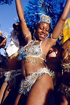 Woman in costume dancing at Mardi Gras, Carnival, Port of Spain, Trinidad and Tobago, Caribbean