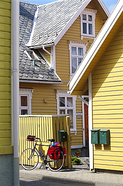 Bike resting against a fence, Cycle tour of Egersund, Rogaland, Norway