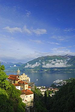 pilgrimage church Santa Maria Assunta, Santa Maria del Sasso, view to lake Lago Maggiore, Ticino, Switzerland