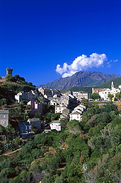 Village, watchtower, Nonza, Cap Corse, Corsica, France